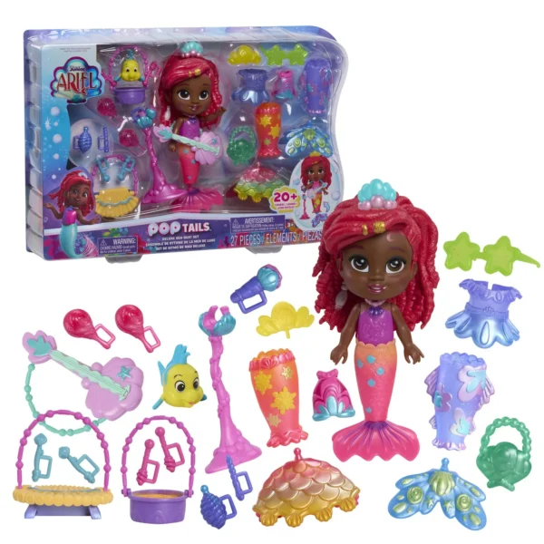 Disney Junior Ariel Pop Tails Deluxe Sea-Beat Set – 7-Inch Figure with Fashions & Accessories, 27-Piece Mermaid Toy