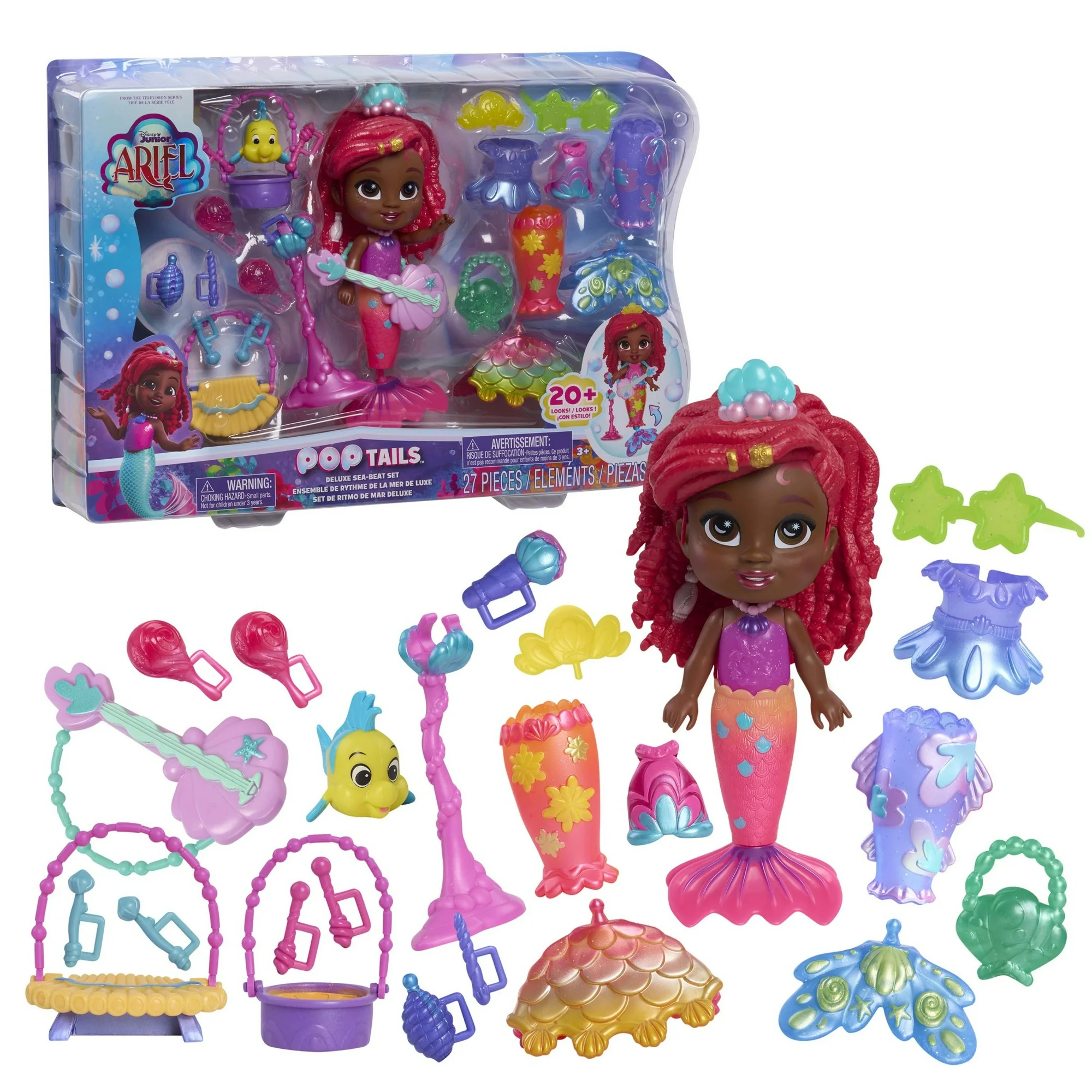 Disney Junior Ariel Pop Tails Deluxe Sea-Beat Set – 7-Inch Figure with Fashions & Accessories, 27-Piece Mermaid Toy